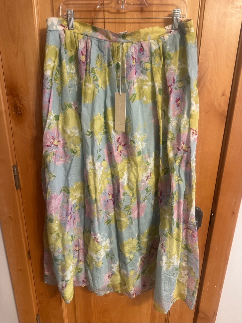 Floral Midi Skirt in Light Blue, Pink & Green